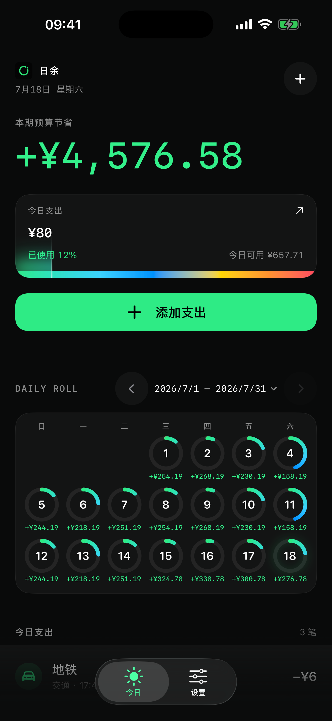 日余今日预算界面,展示本期预算结余和今日可用金额